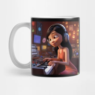 A Female Keyboard Player As A Cartoon Character Mug